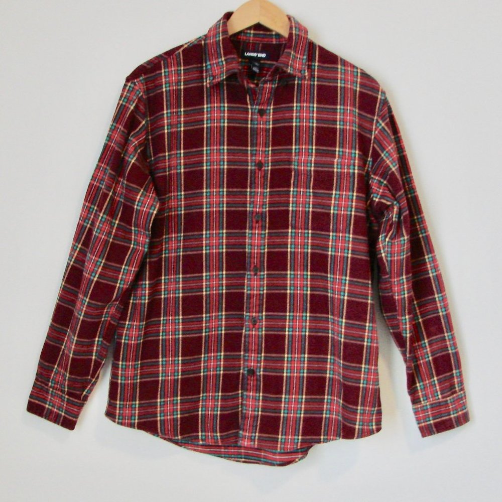 Plaid Flannel Shirt Lands' End Burgundy Red Button Down Medium 15 - 15.5